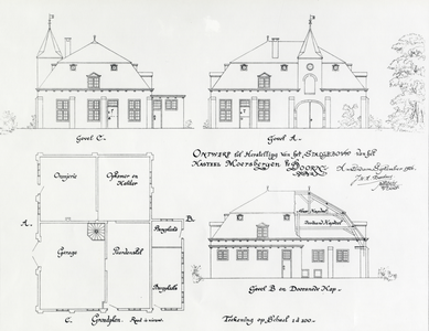 107657 Plattegrond en opstanden van drie gevels van het te restaureren stalgebouw van het kasteel Moersbergen ...